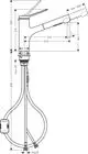 Spültischmischer von Hansgrohe mit Ausziehbrause und zwei Strahlarten, skizzenhafte Darstellung der Maße und Montageoptionen, technische Details sichtbar.